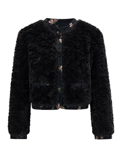 Mokomoko Fur Flower Jacquard Round Neck Wool Jacket