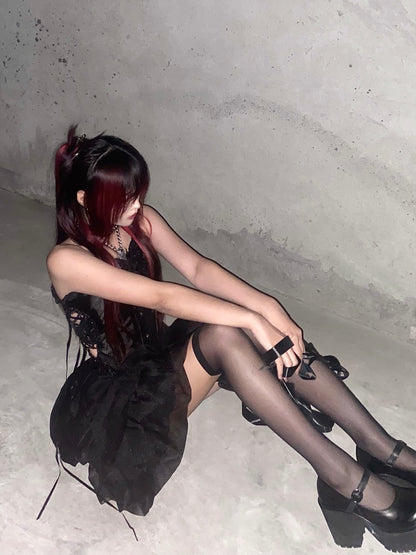 Cool Spicy Black Lace Up Viste + Tulle Skirt