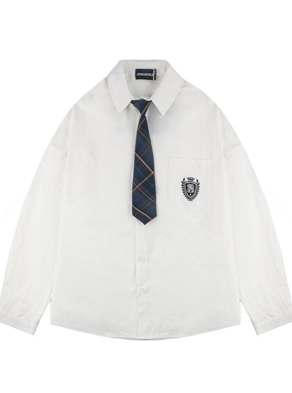 Stand -up color loose retro shirt with tie