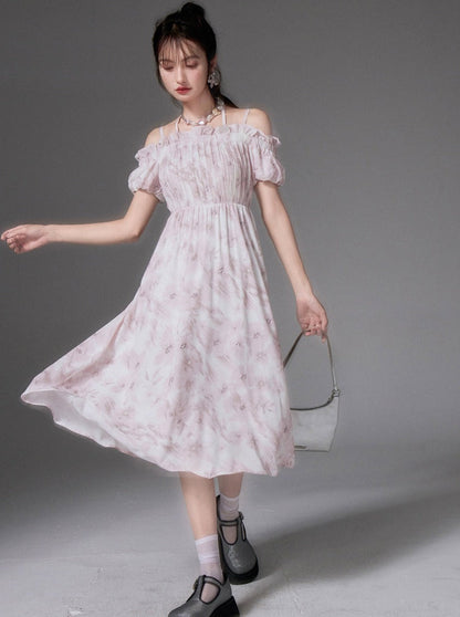 Flower Retro Romantic One -Chord Prince Tsu Print Dress