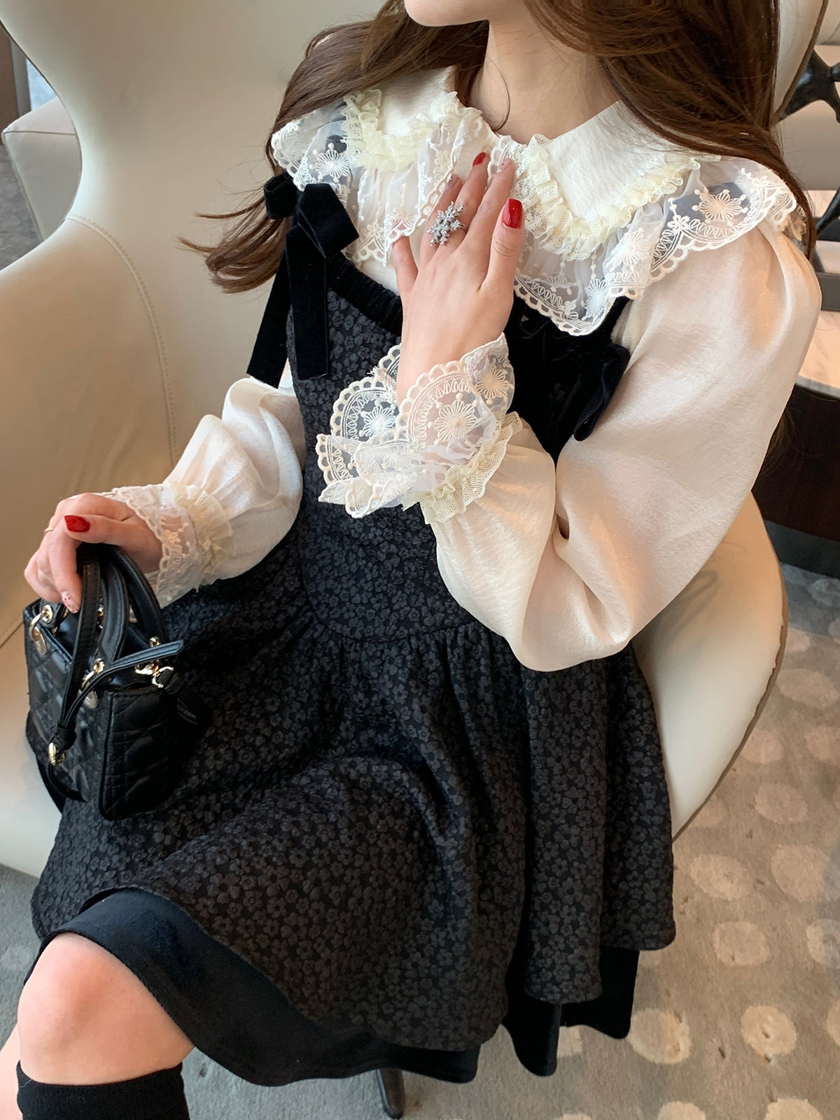 French doll collar lace elegant shirt + skirt