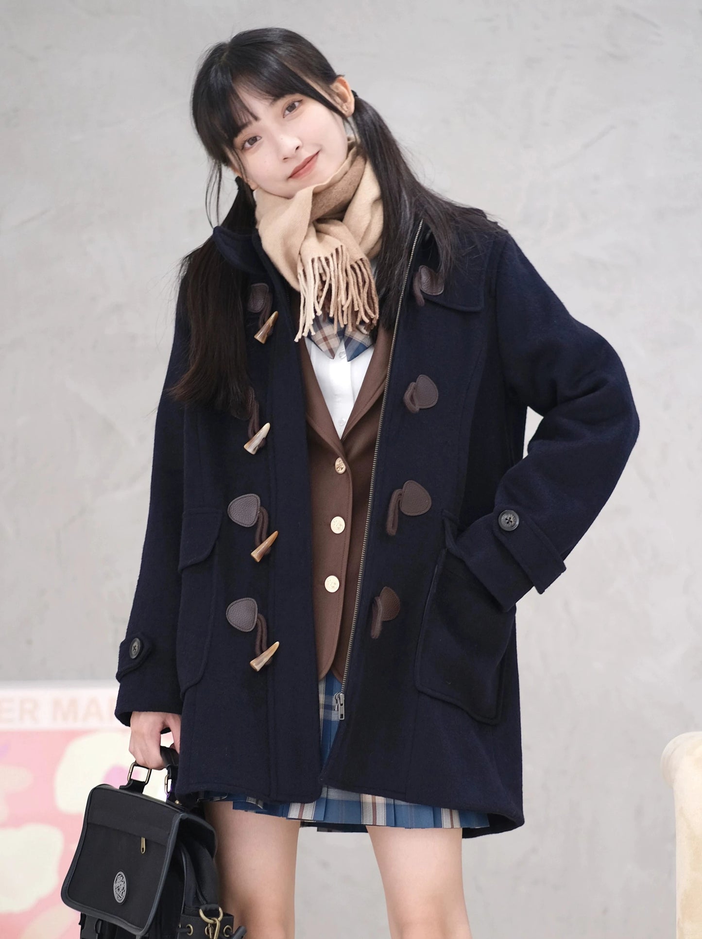 College Style Horn Button Coat Wool Coat