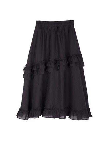 High-waist loose mid-length ruffle skirt