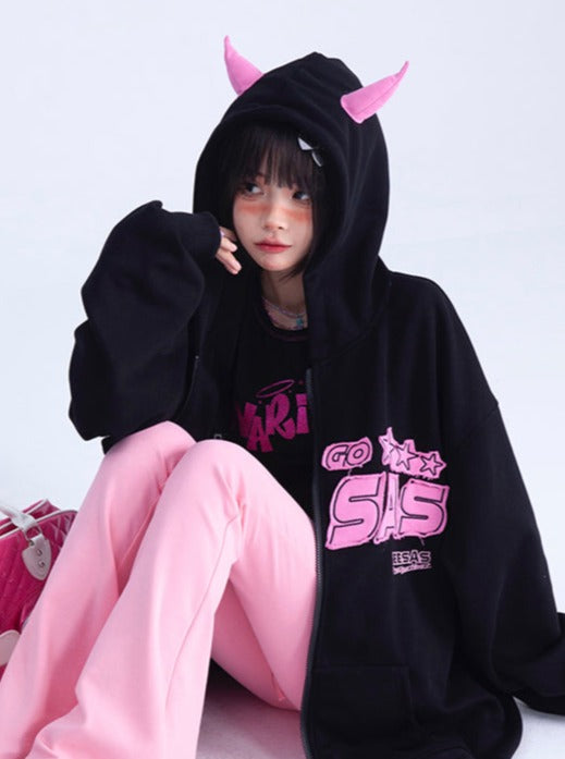 Devil Loose Letter Rosa Schwarz Hoodie