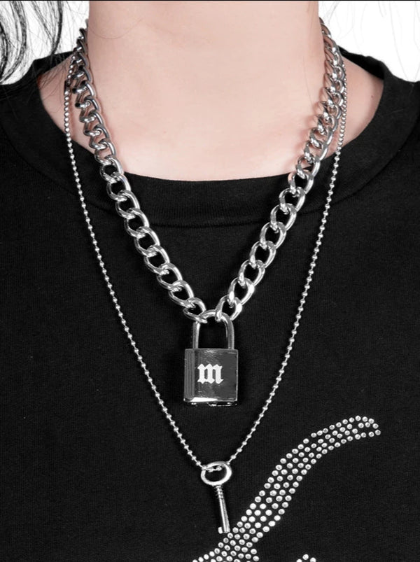 Metal lock chain & key chain necklace two-piece set