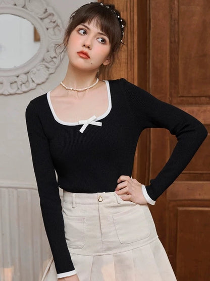 Open collar slim ribbon slim top