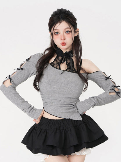 Lace neck ribbon long sleeve slimfit tops