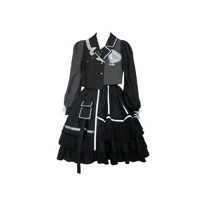 Dark wind strip frill skirt setup dress