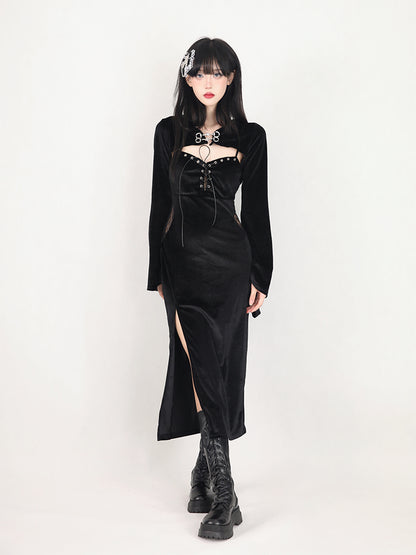 Black Witch Coordination Setup [Bell Sleeve Hoody Jacket + Spider Suspension Dress]