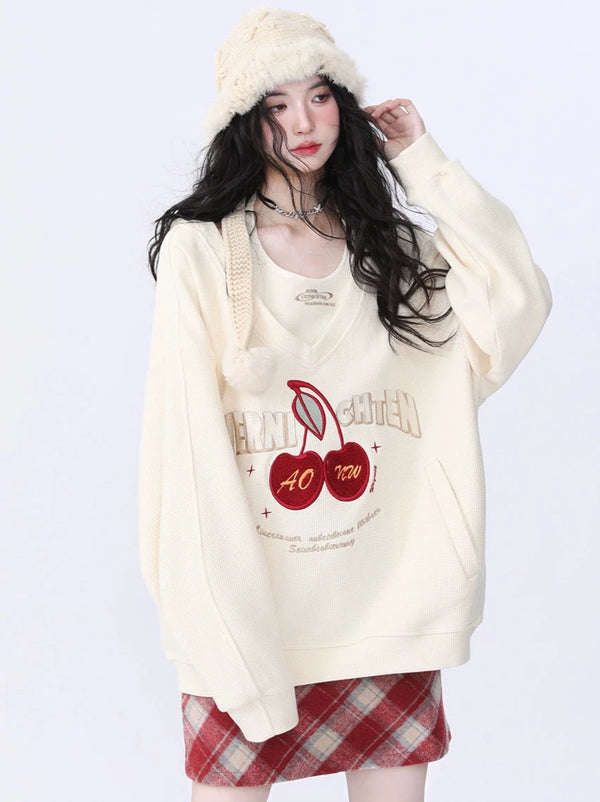 American Retro Cherry Embroidered Hooded Sweatshirt Loose Waffle Two Piece Set