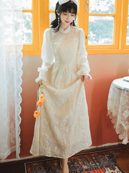 stand collar flower lace dress