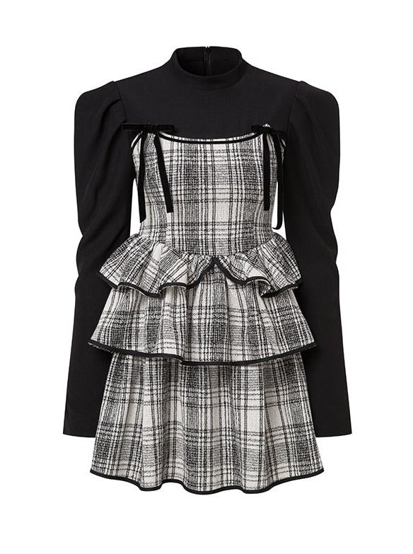 Check cake skirt ェ Two -piece dress