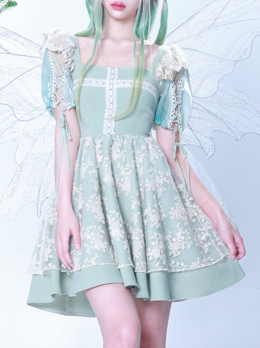 Fairy Floral Lace Cross Pafribon Three Blayed Dress