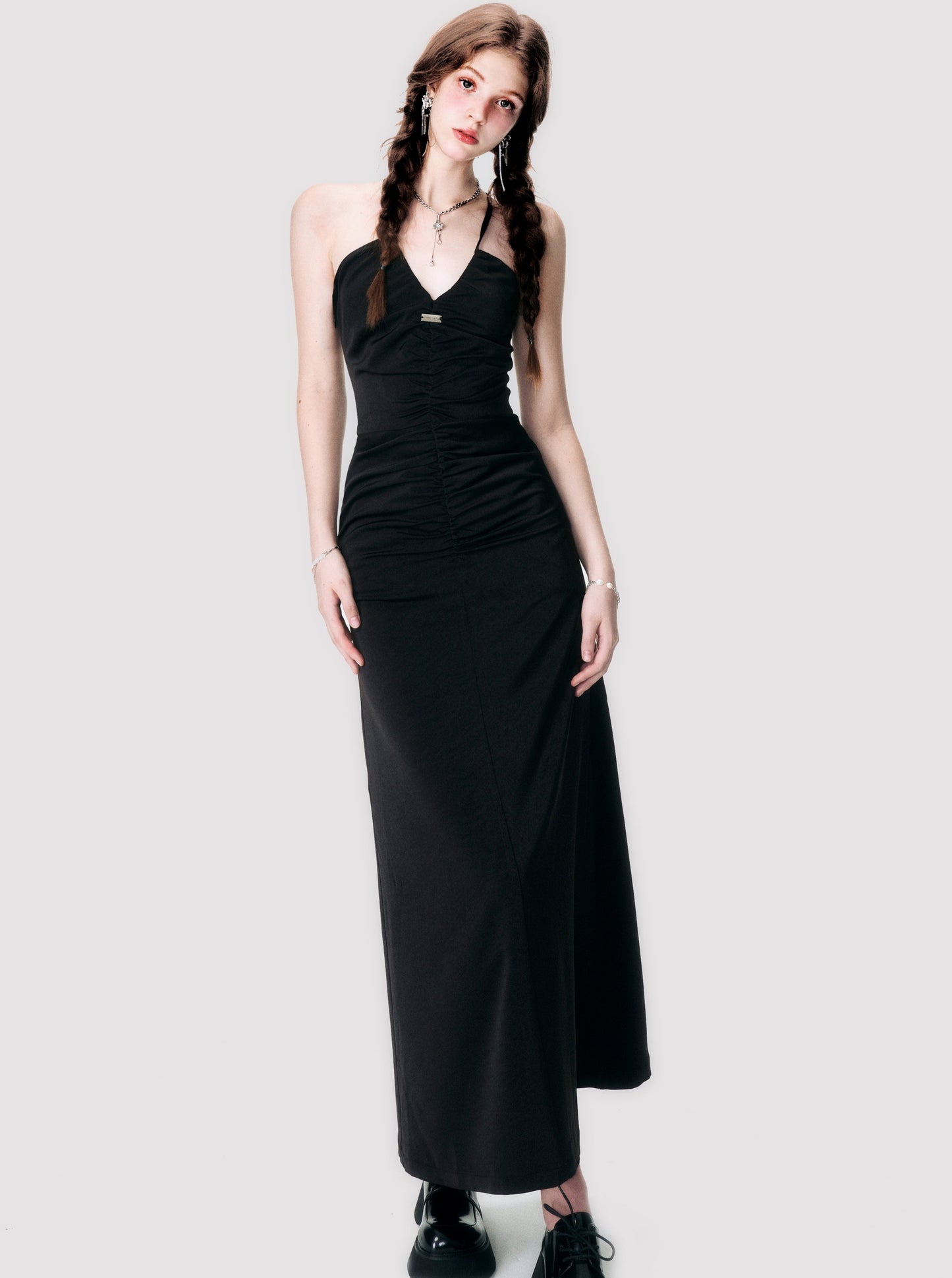 Amboire Black Satin Cross Hanging Neck Strap Dress