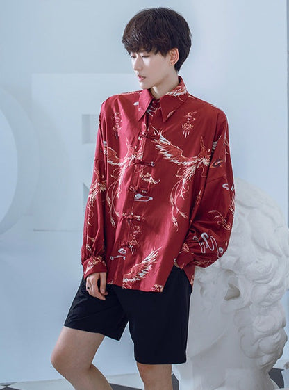 Printed Loose Long Sleeve Cheongsam Design Unisex Shirt