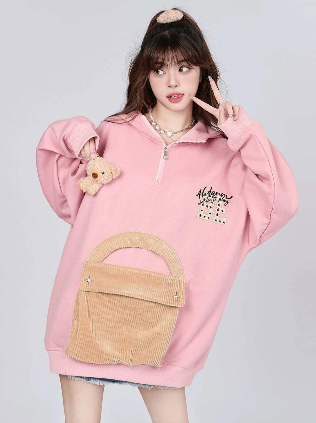 Retro Bear Brooch Corduroy Pockets Design Loose Hooded Sweatshirt