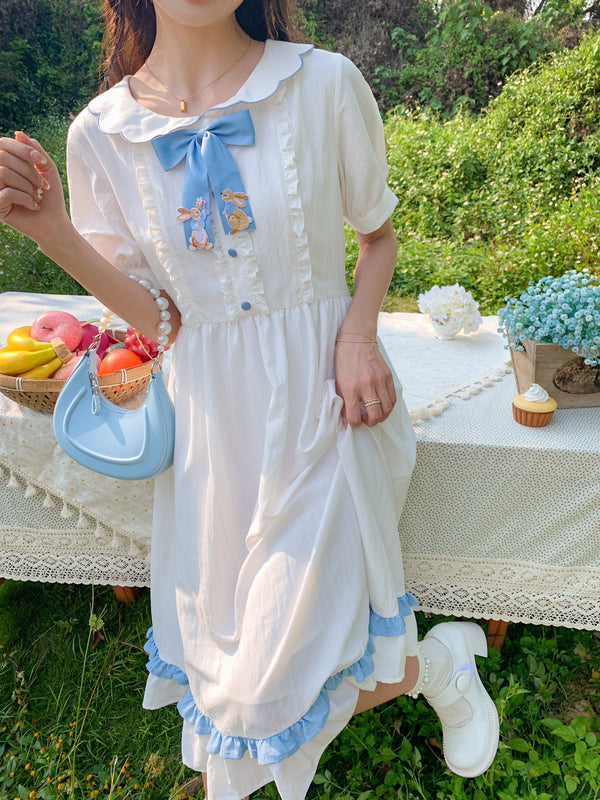 Rabbit Frill Color Ribbon College Long One Piece