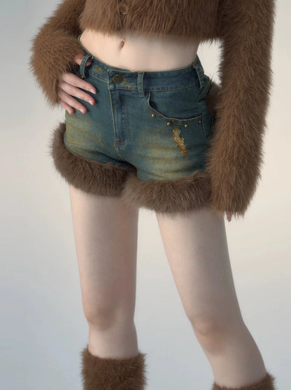 Fur pocket design short retro denim pants