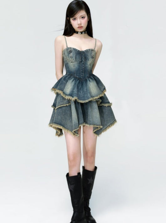 Retro Denim cake skirt dress