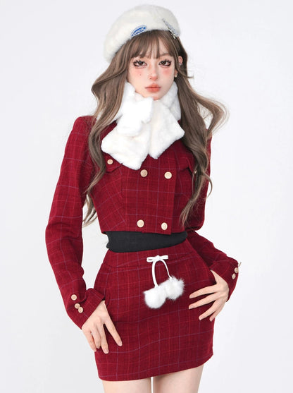 Red Check Fragrance Short Jacket + Skirt