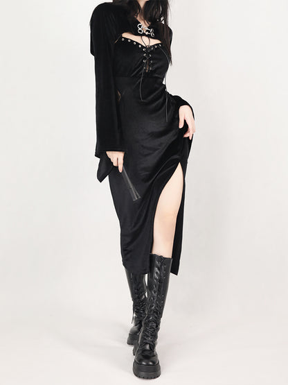 Black Witch Coordination Setup [Bell Sleeve Hoody Jacket + Spider Suspension Dress]