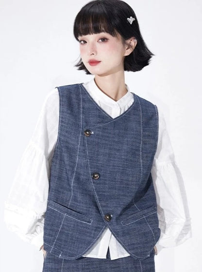 Shallot-cut blue linen denim vest + denim skirt