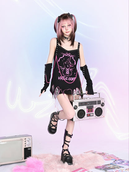 Y2K Cool Rabbit Print Black Pink Eyelet Chain Gloves &amp; Camisole