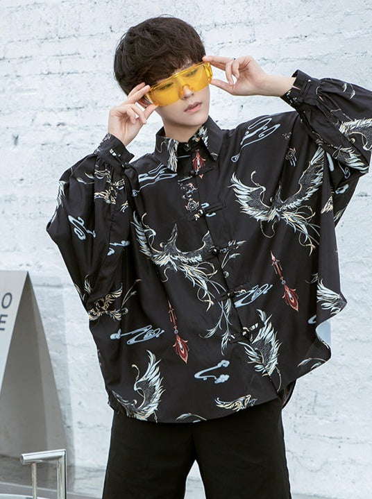 Printed Loose Long Sleeve Cheongsam Design Unisex Shirt