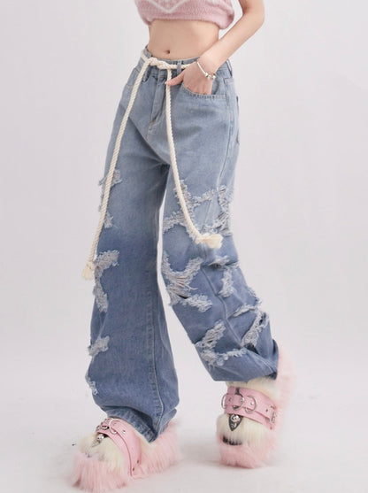 Hip -hop High Striped Design Straight Wide Drape Denim Pants