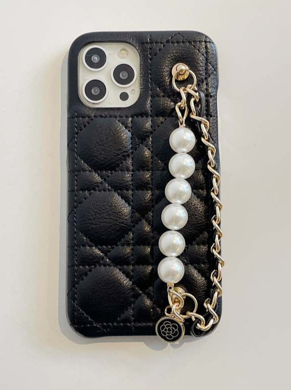 Étui de téléphone rose noir à chaîne perlée