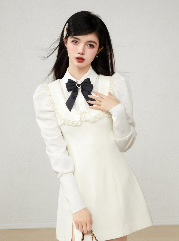 Frill ribbon puff sleeve dress