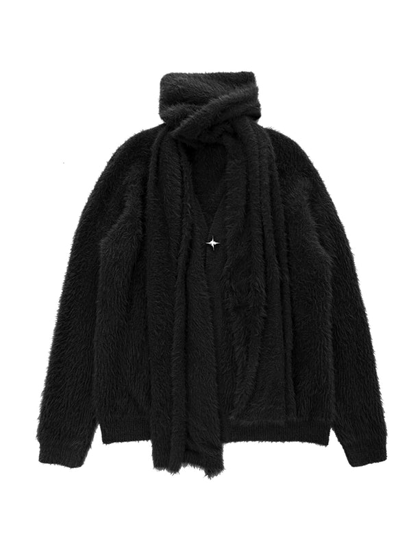 Metal Star Dark Style Loose Fur Cardigan with Knit Scarf