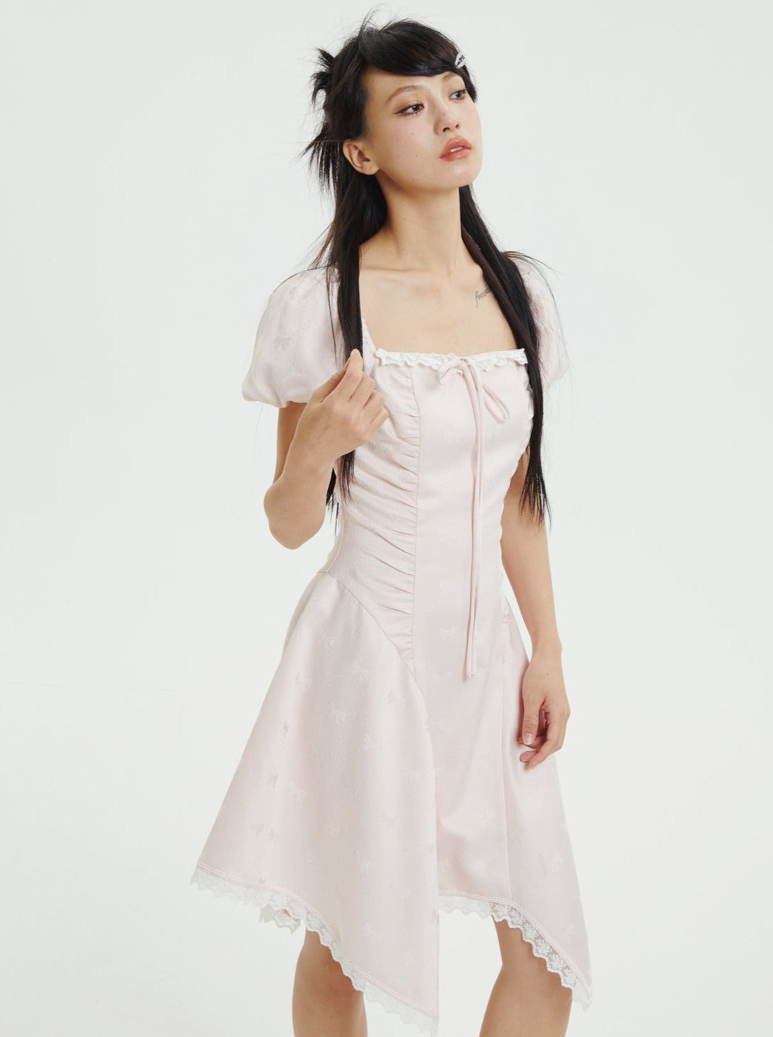 Asymmetrical design square neck ribbon dress