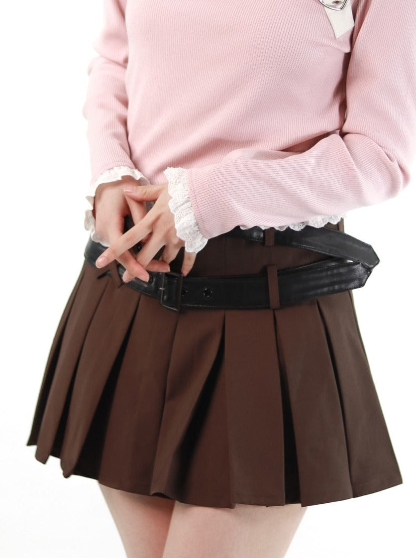 double waist belt pleated skirt