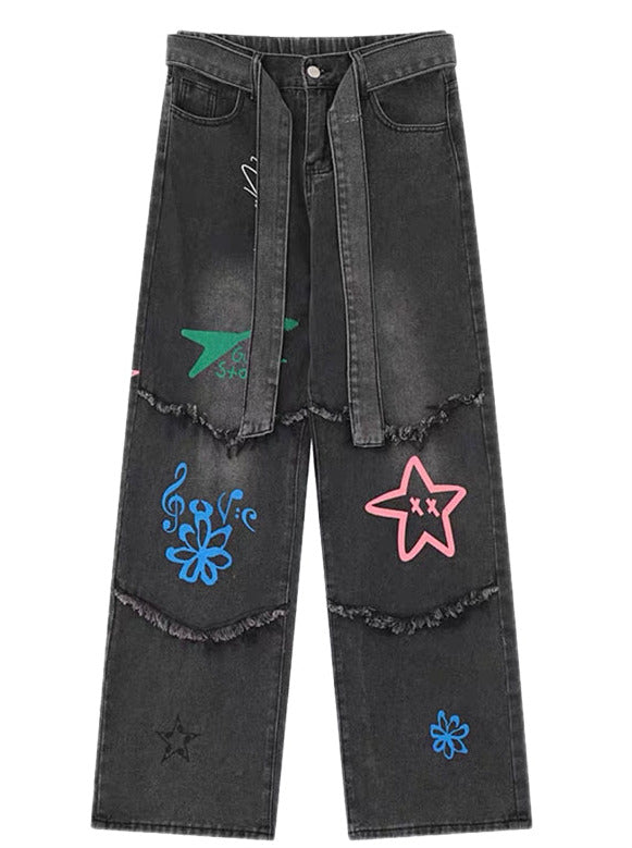 American Retro Star Graffiti Design Washed Jeans