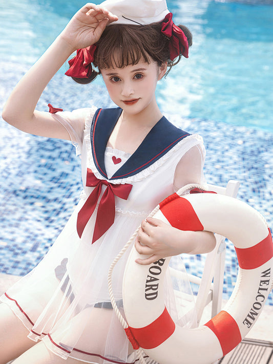 Maillot de bain une pièce Sailor Sailor avec manches et jupe transparentes et oreilles de lapin