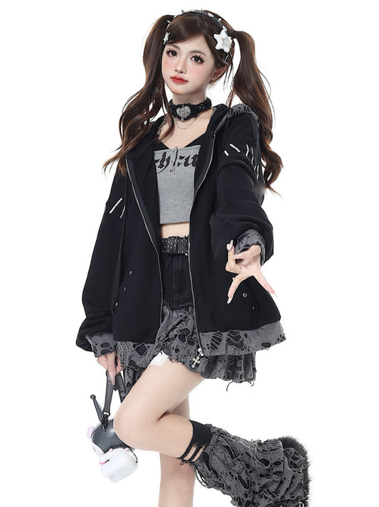 Cat Ear Subculture Sweet Cool Broken Hole Loose Hoodie Jacket