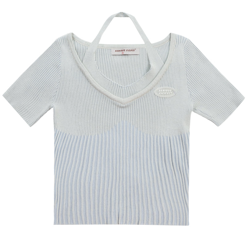 American Retro Haze Blue V Neck Slim Top