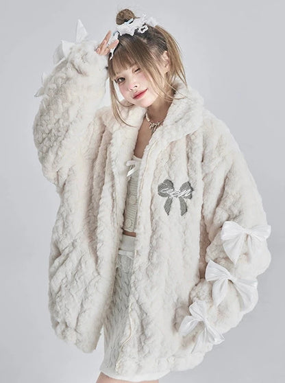 Design ribbon loose furry lamb's wool coat