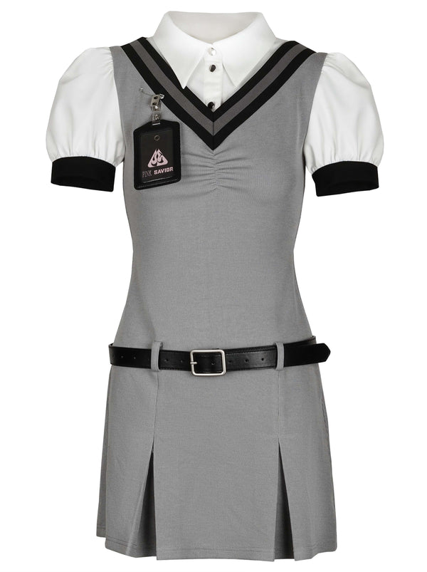 ネクタイカラーパフスリーブベルトレイヤードワンピース制服コーデ