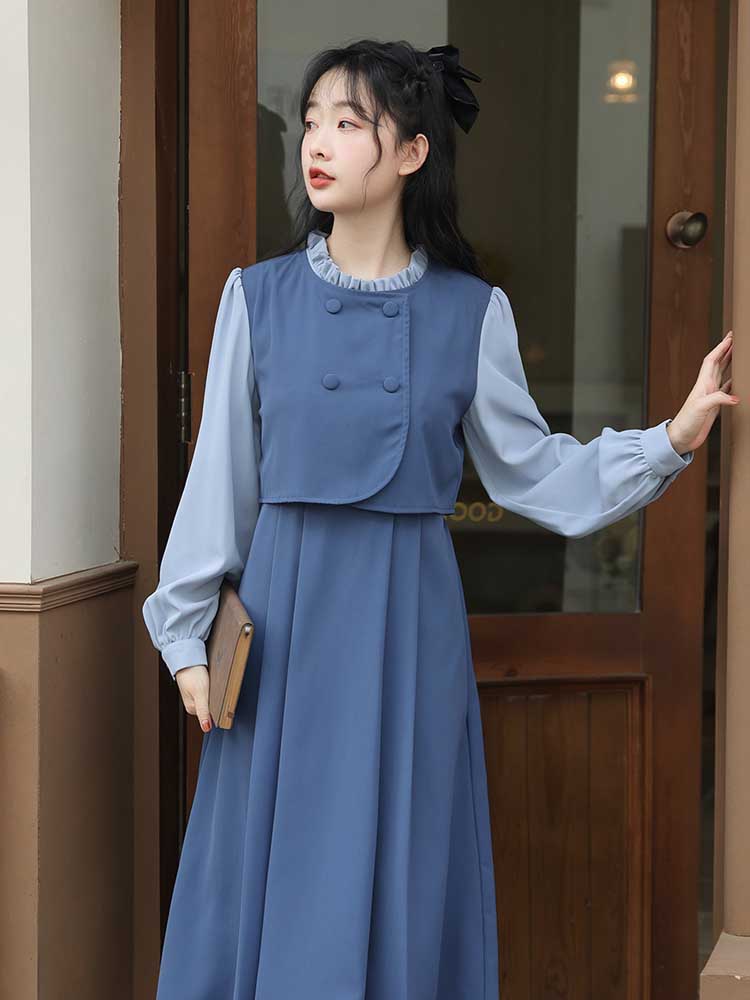 Frill Stand Collar Back Ribbon Layered Dress