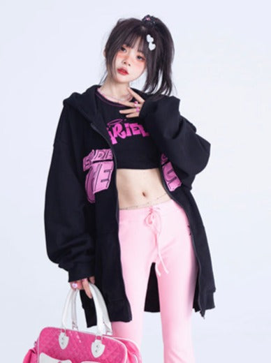 Devil Loose Letter Rosa Schwarz Hoodie