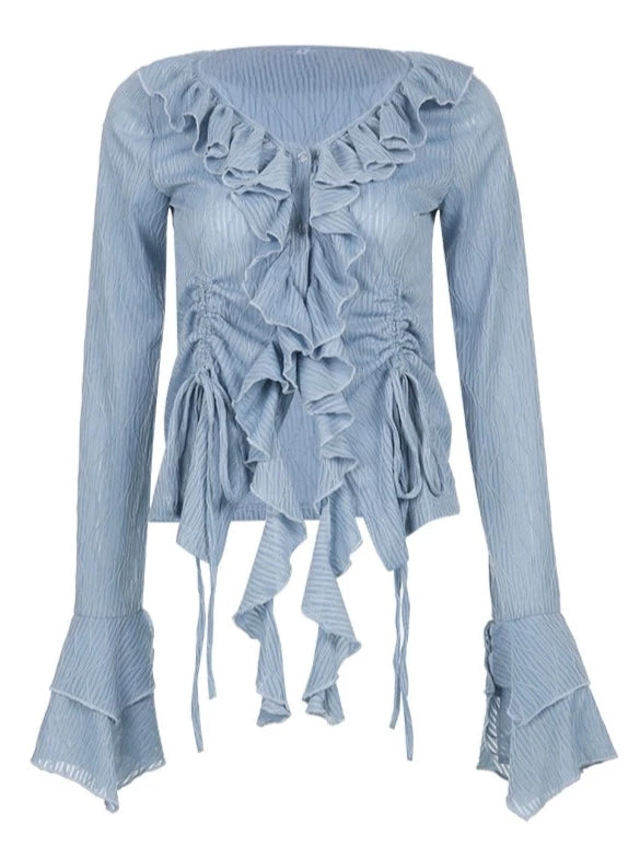 ベルスリーブスリミングフリルトップス