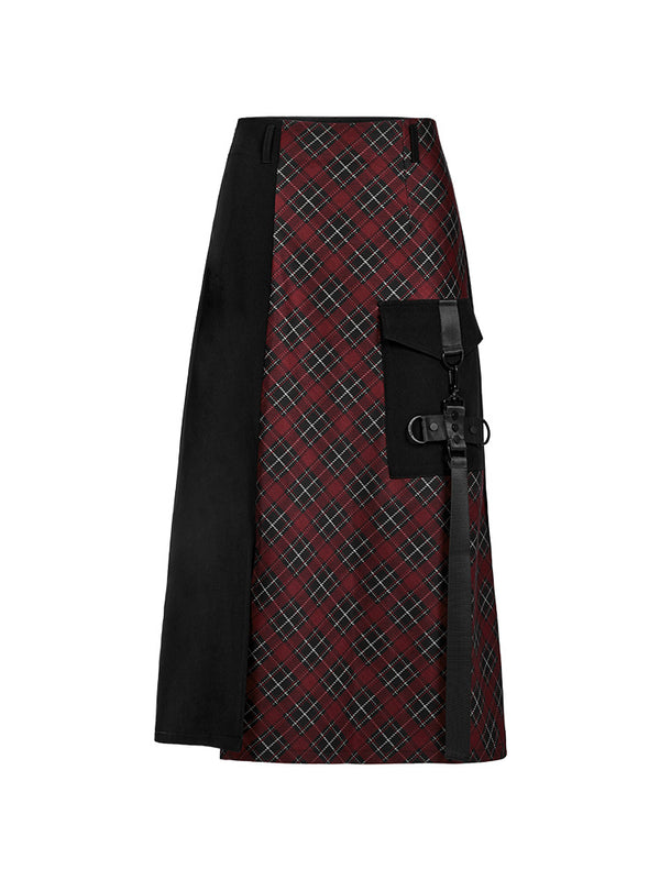 Cross Strap Check Asymmetric Slit Skirt