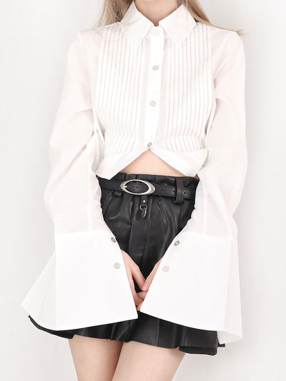 Long sleeve pleated tuck cropped shirt + leather skirt