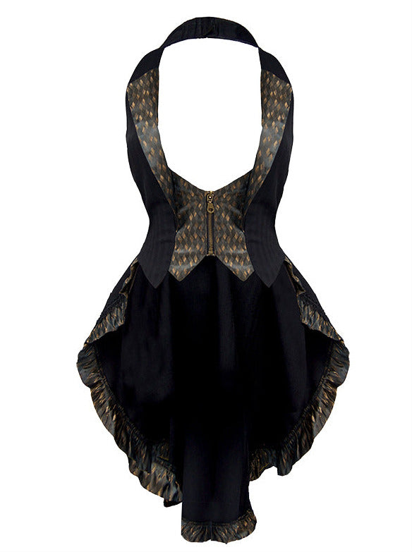 Golden Jacquard Black Classic Ruffle Hanging Neck Trailing Long Vest