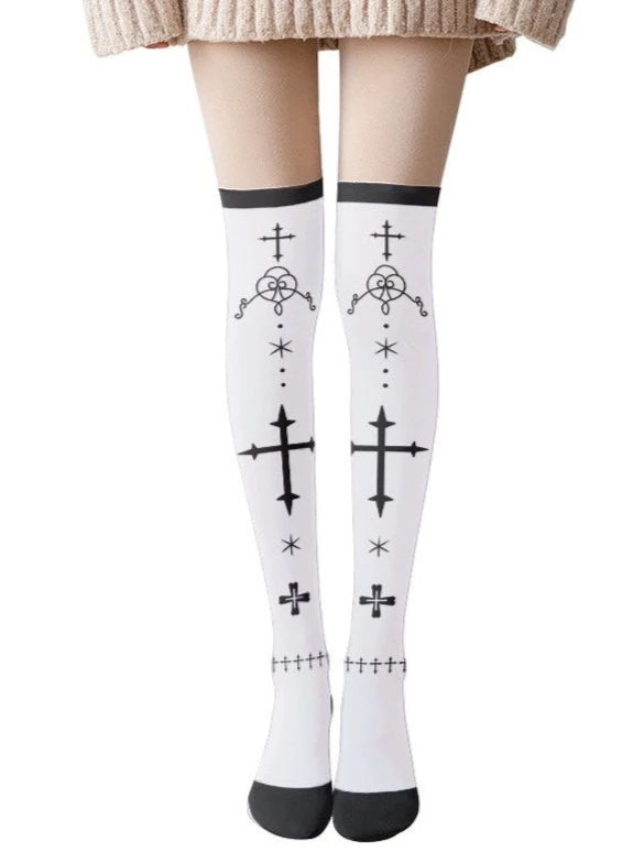 Gothic Cross Print Knee-High Socks