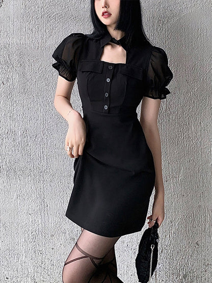 Dark Style French Square Collar Puff Sleeve Dress