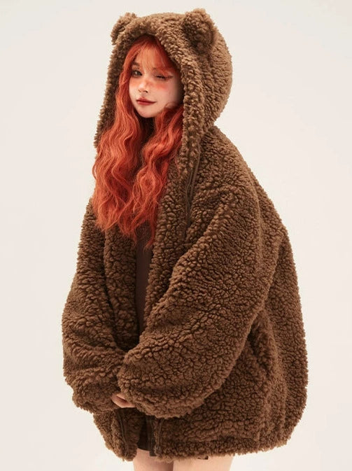 Bear Ears Hooded Lamb Wool Zipper Fur Coat