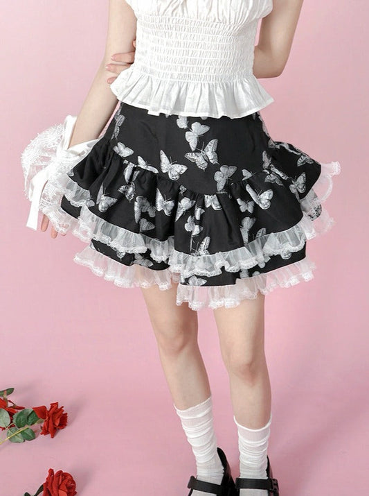 Butterfly Cross Jacquard Denim Lace Short Skirt